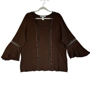 90s Vintage Peasant Blouse Womens XL Brown Lace Bell Sleeve Fairycore‎ Boho
